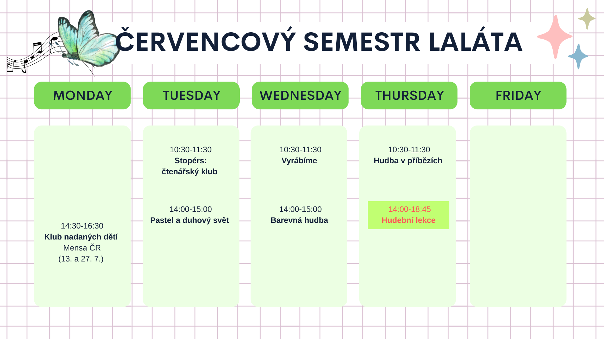 Letní program, kroužky pro děti, Praha 6, aktuální rozvrh